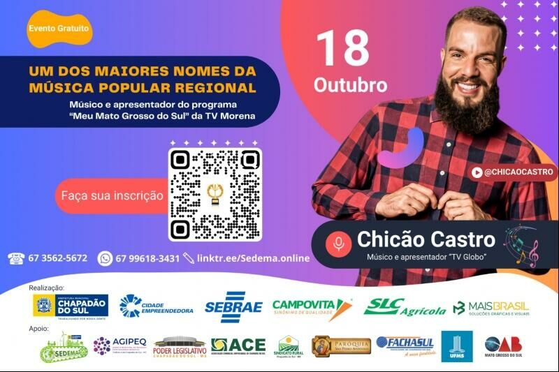 Imagem de compartilhamento para o artigo O cantor Chicão Castro está confirmado como atração no Troféu Chapadão do Sul de Empreendedorismo da MS Todo dia